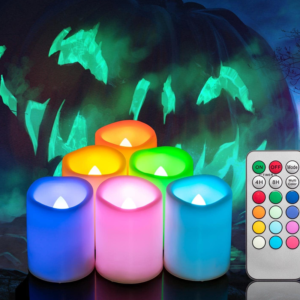 6 PCS Color Changing Remote Flameless Flickering LED Timer Votive Candles/Colored Battery Operated Tea Light Fake Candle for Outdoor Halloween Pumpkin Easter Christmas Decorations