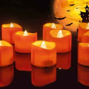 Halloween 12 Pack Orange Tea Light Candles, Battery Operated LED Tealights, Small Pumpkins Lights, Flameless, Electric Fake Tea Candles, 1.4"x1.25"